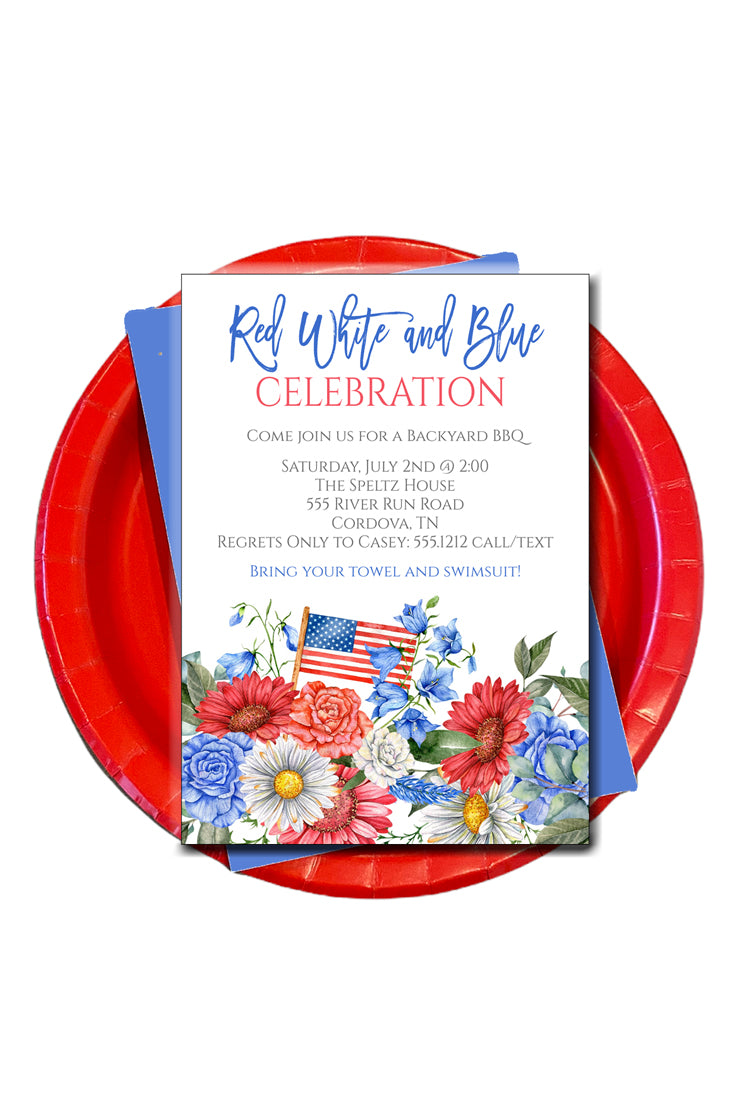 Red White and Blue Floral Invitation