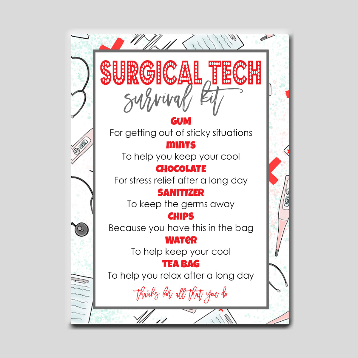 Surgical Tech Survival Kit Instant Download Tag