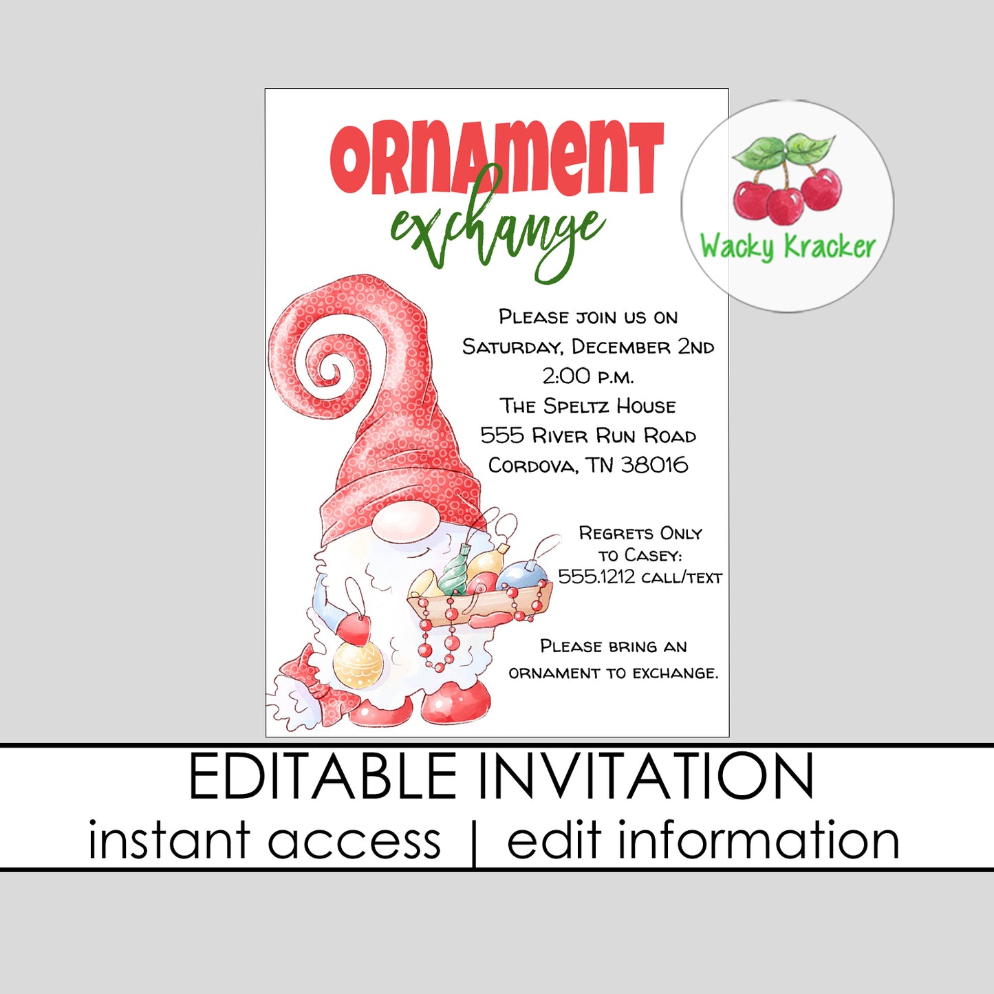 Gnome Ornament Exchange Invitation