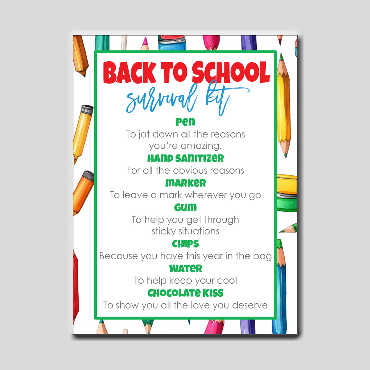 Back to School Survival Kit Instant Download Tag 