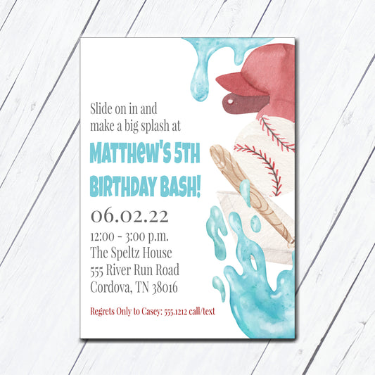 Baseball Water Slide Birthday Invitation