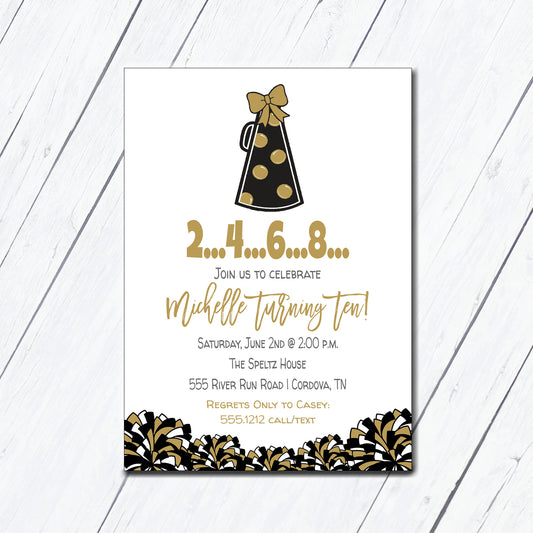 Cheer Black and Gold Birthday Invitation