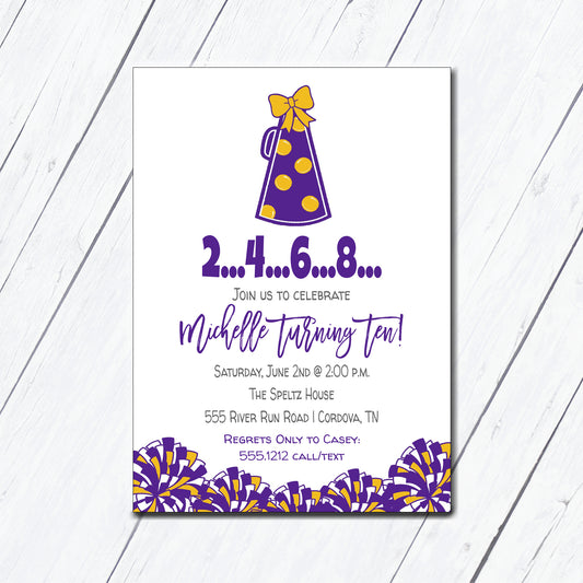 Cheer Purple and Gold Birthday Invitation