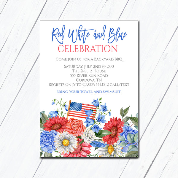 Red White and Blue Floral Invitation