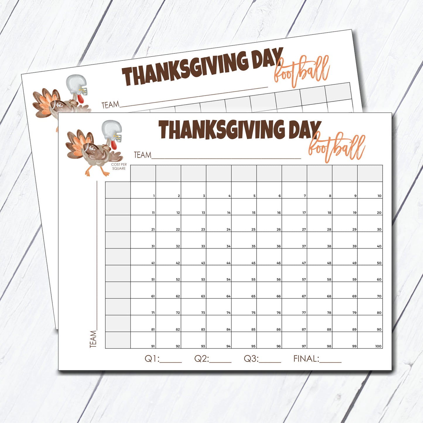 Thanksgiving Squares Football Squares Instant Download