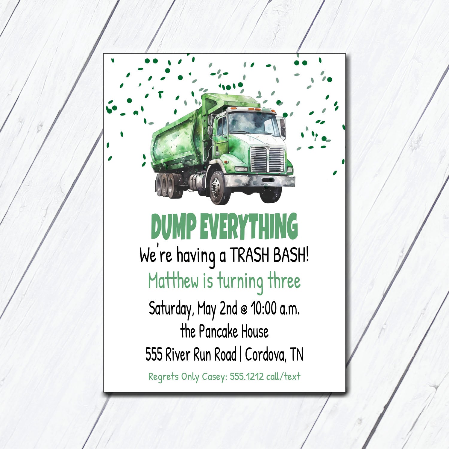 garbage truck trash bash birthday invitation