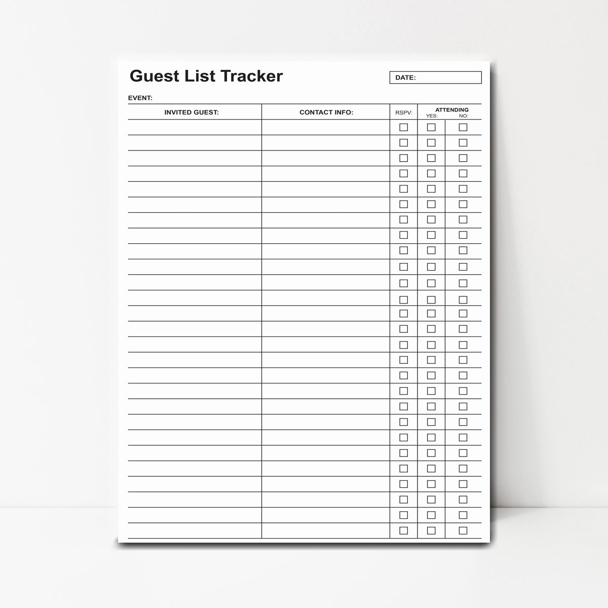 Guest List Tracker Instant Download
