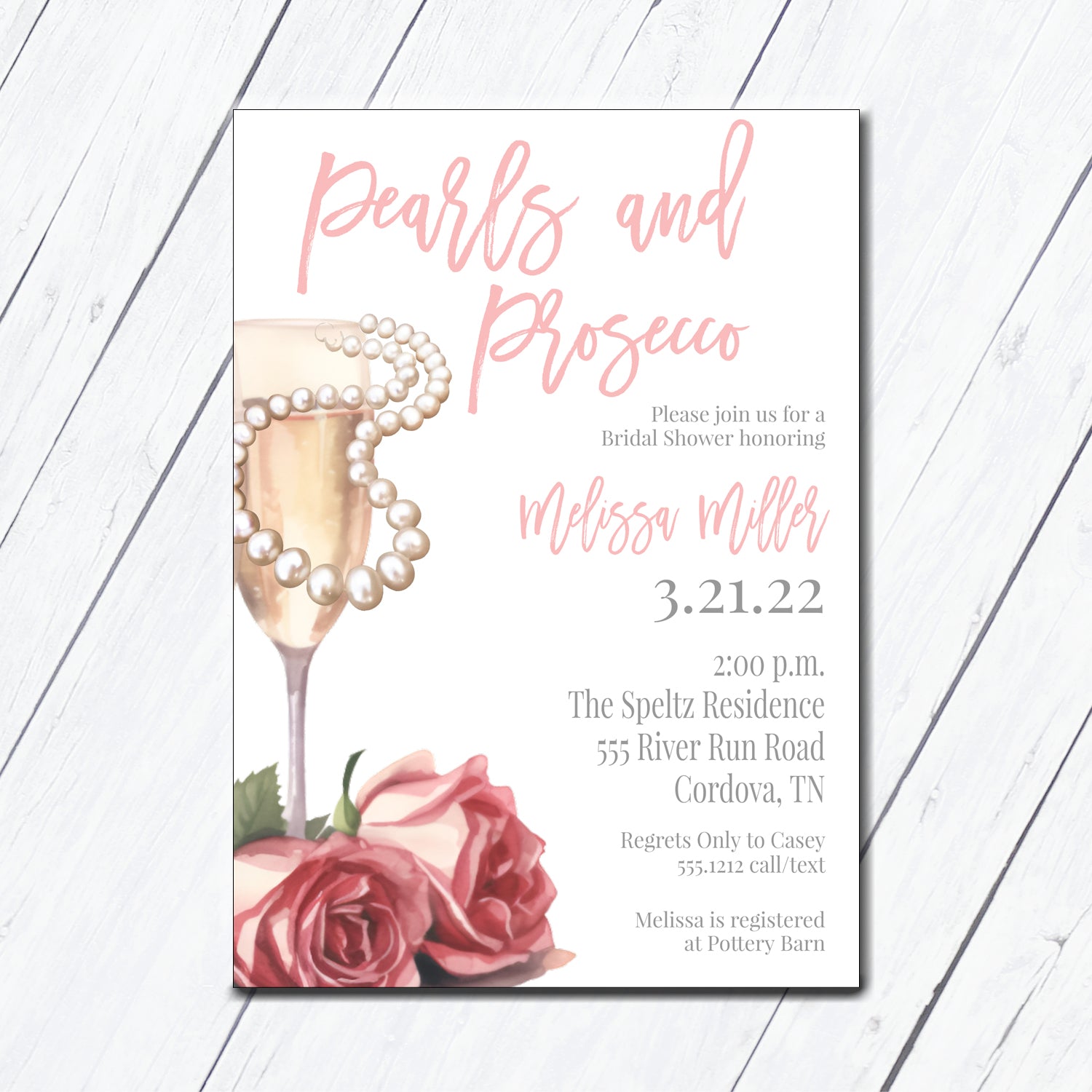 pearls and prosecco bridal shower invitation