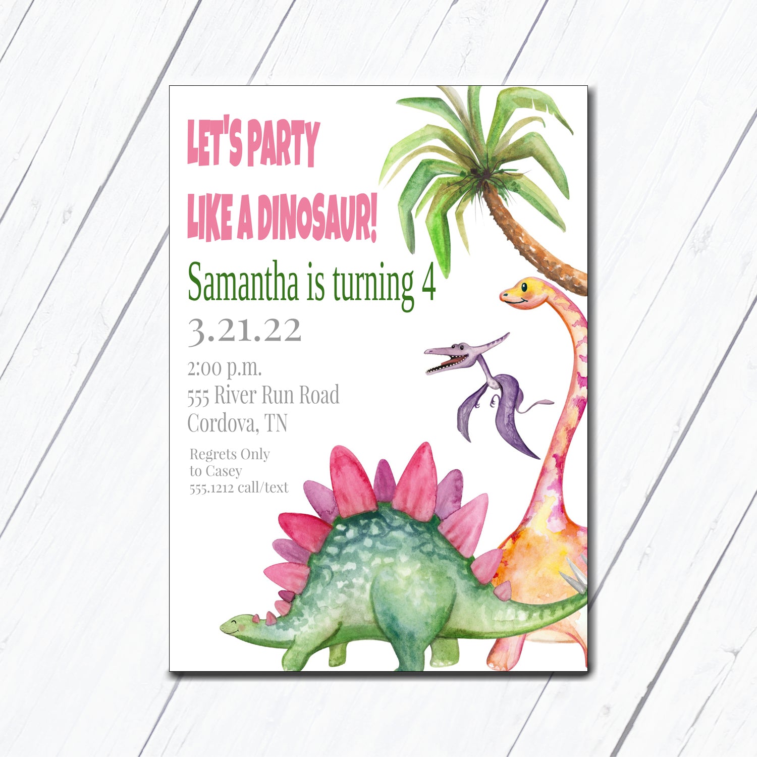 Pink Dinosaur Birthday Invitation
