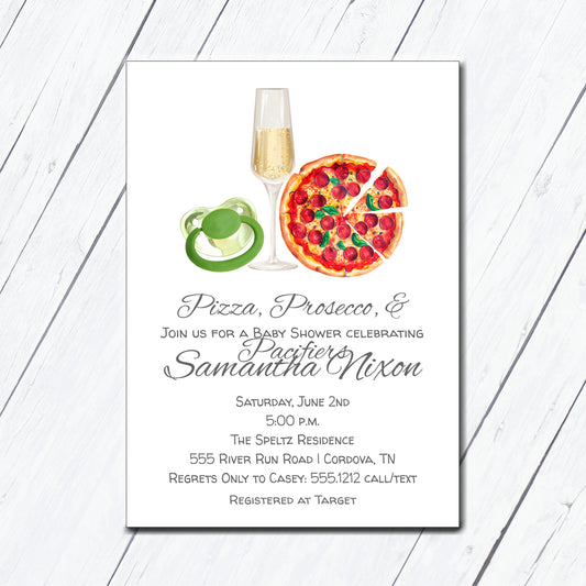 Pizza, Prosecco and Pacifiers Baby Shower Invitation