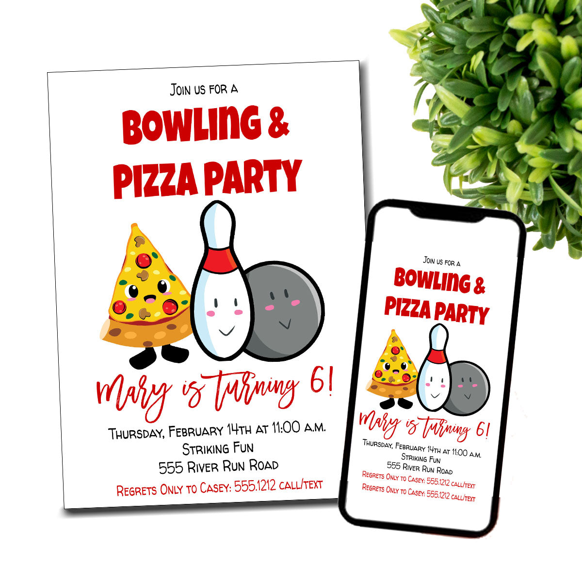 Bowling and Pizza Birthday Invitation