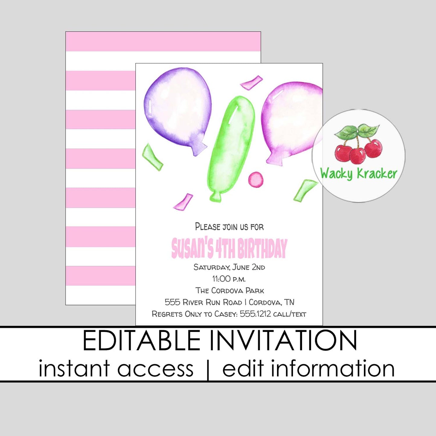 Balloon Girl Birthday Invitation