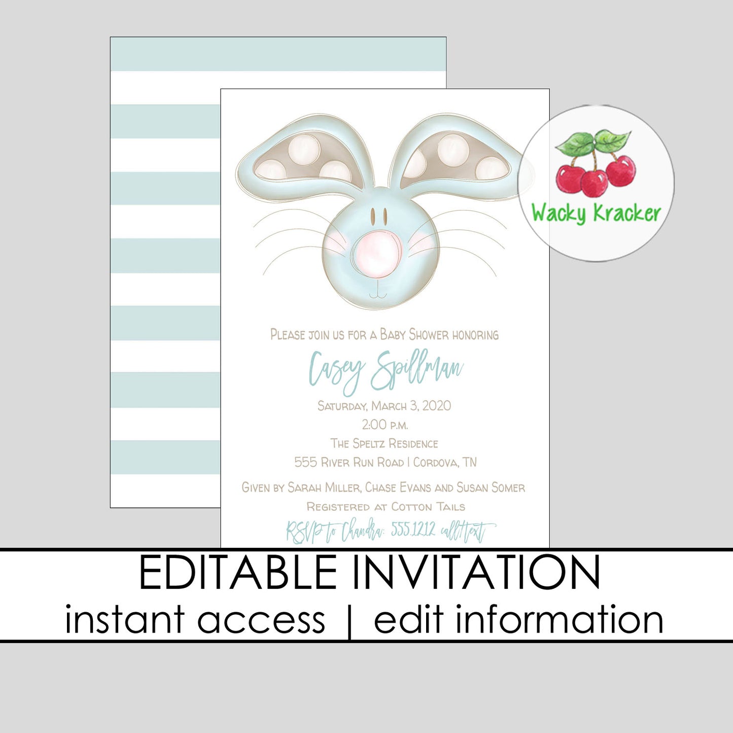 Blue Bunny Baby Shower Invitation