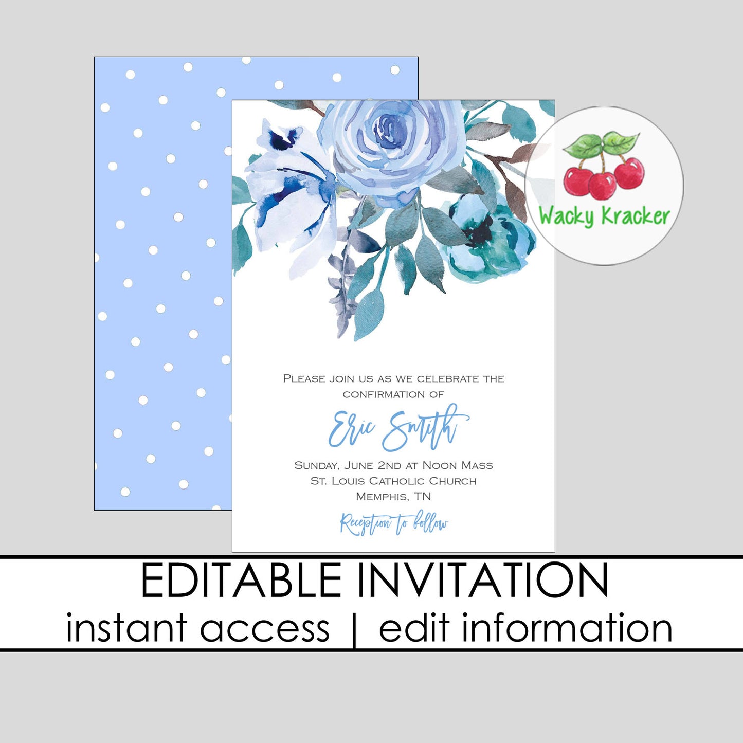 Blue Floral Baptism Invitation
