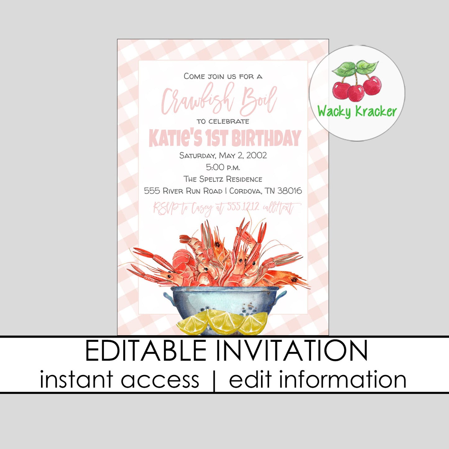 Crawfish 1st Birthday Party Invitation
