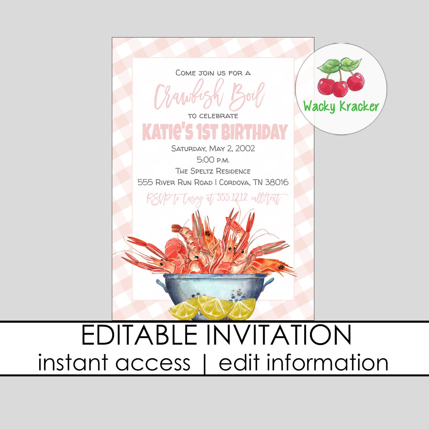 Crawfish 1st Birthday Party Invitation