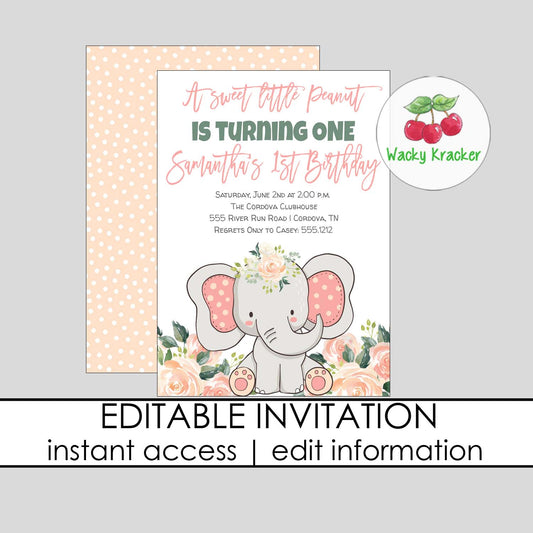Girl Elephant Birthday Invitation