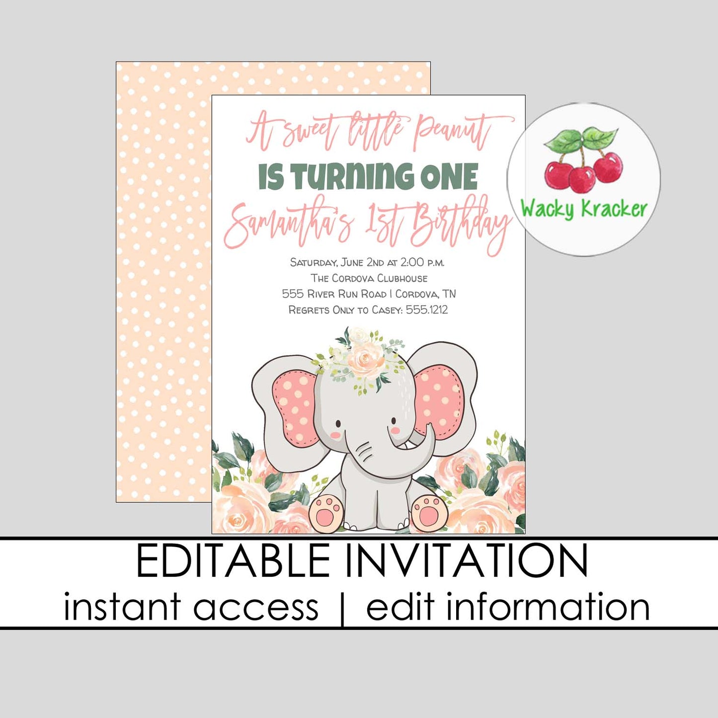 Girl Elephant Birthday Invitation