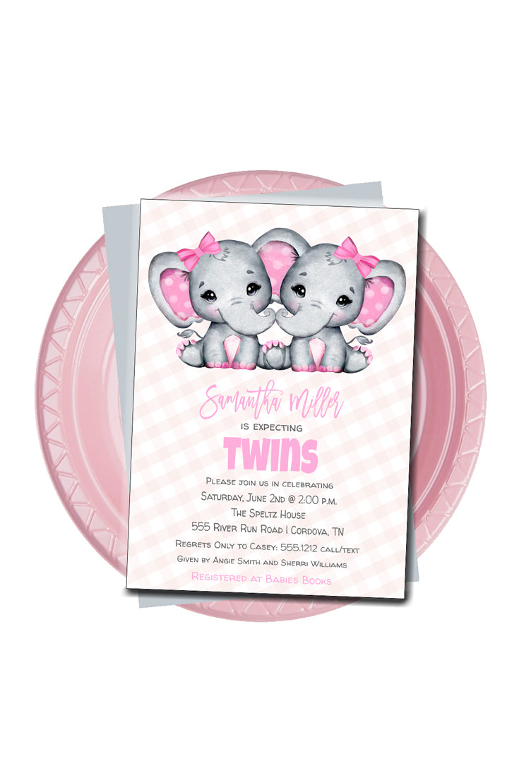 Twin Girl Elephant Baby Shower Invitation