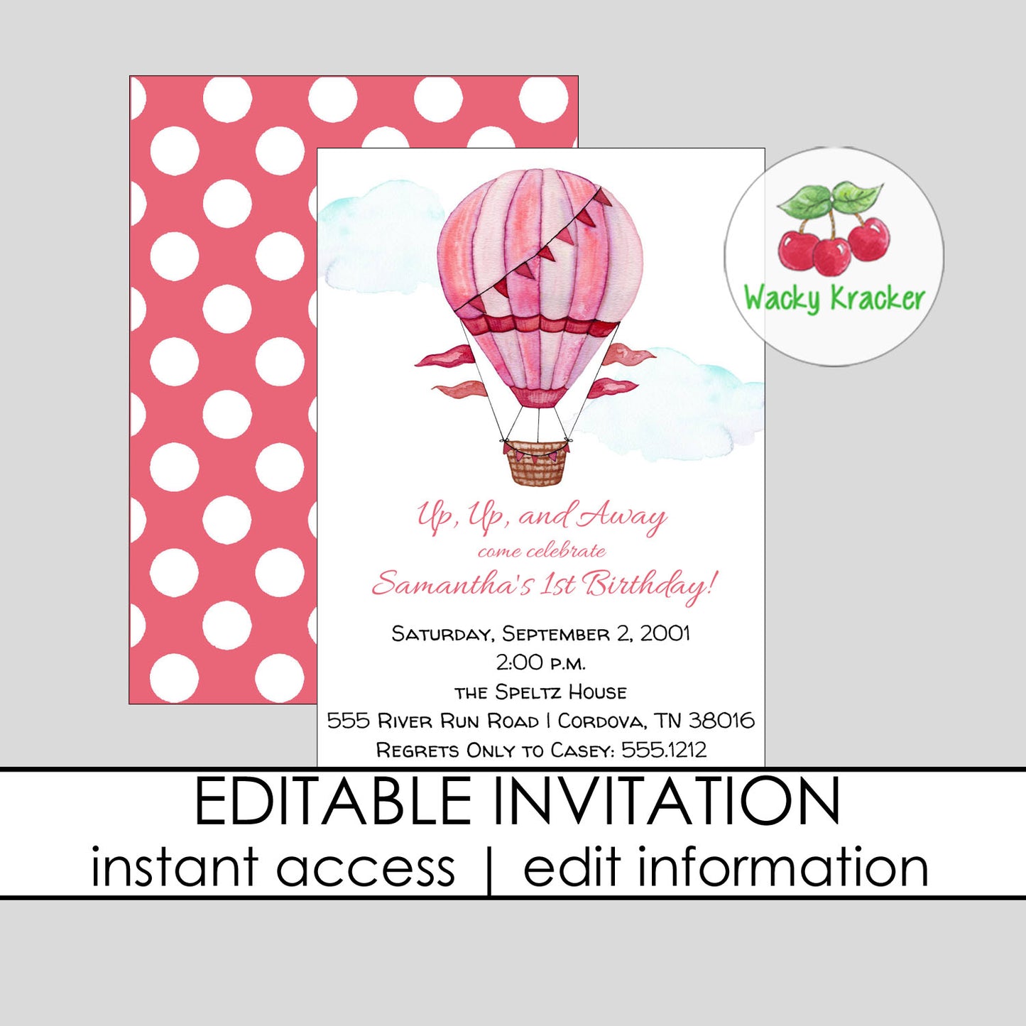 Pink Hot Air Balloon Birthday Invitation