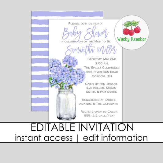 Hydrangea Mason Jar Baby Shower Invitation