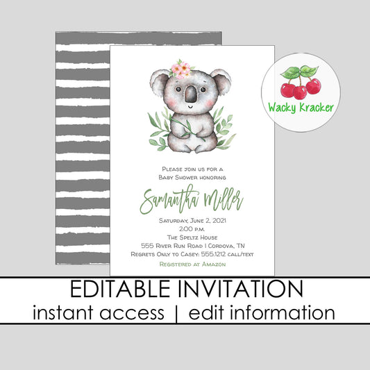 Koala Bear Baby Shower Invitation