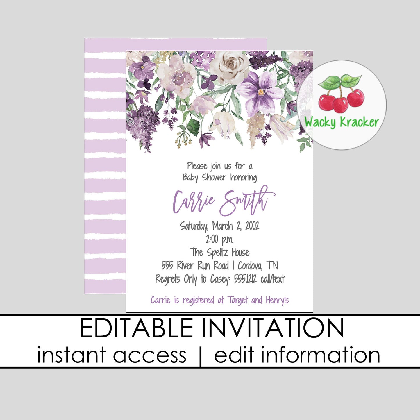 Lilac and Lavendar Baby Shower Invitation