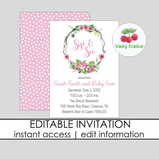 Sip and See Girl Baby Shower Invitation