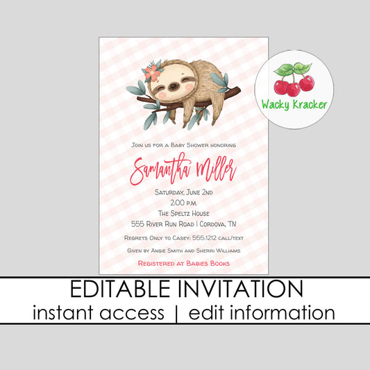 Sloth Baby Shower Invitation