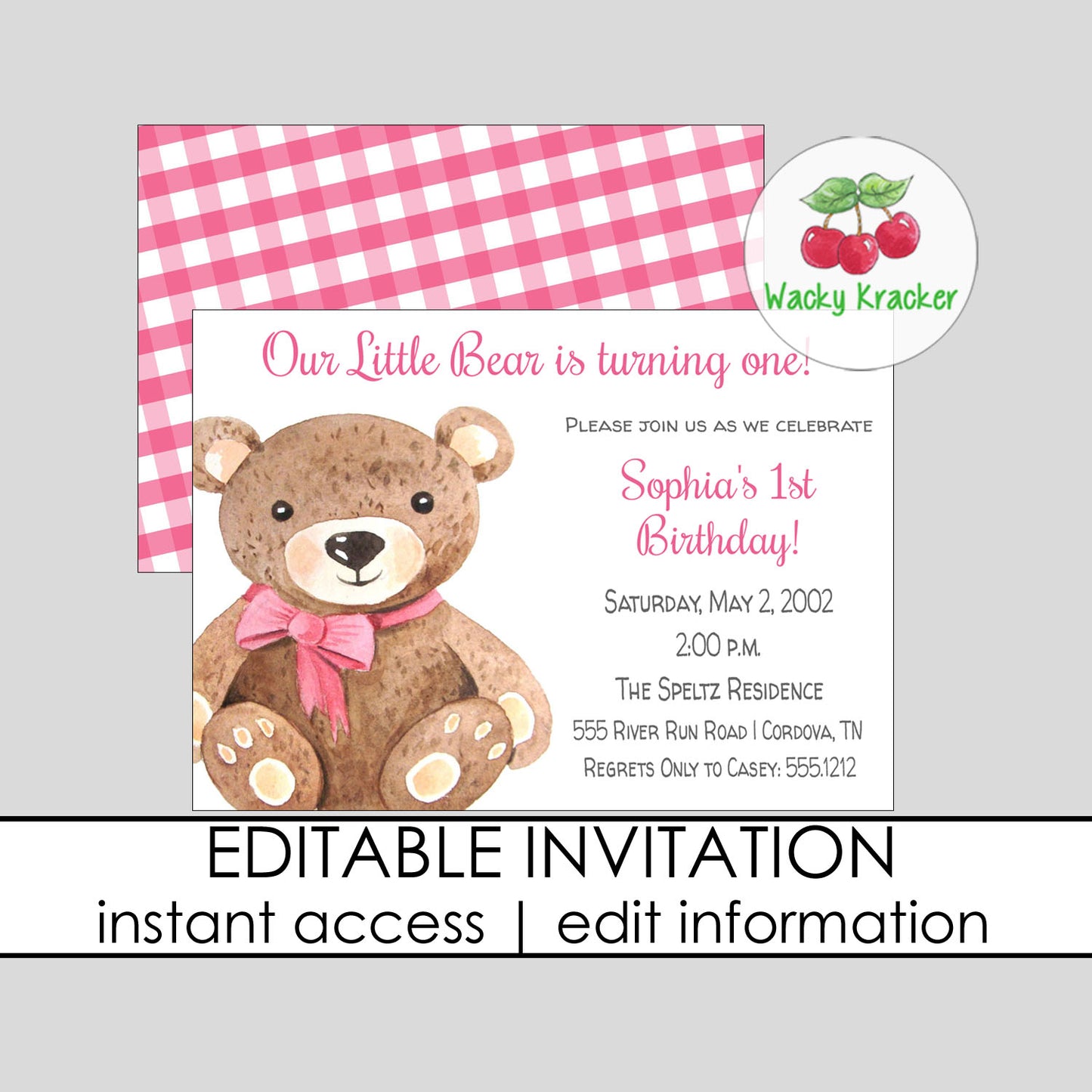 Teddy Bear Girl Birthday Invitation