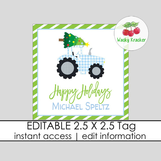 Blue Christmas Tractor Gift Tag