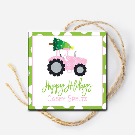 Pink Christmas Tractor Gift Tag