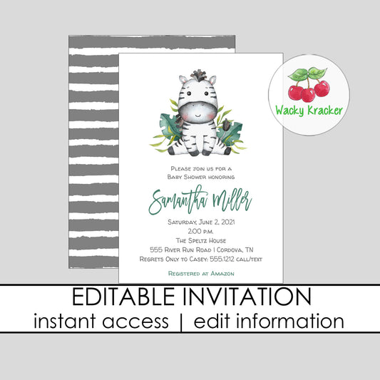 Zebra Baby Shower Invitation