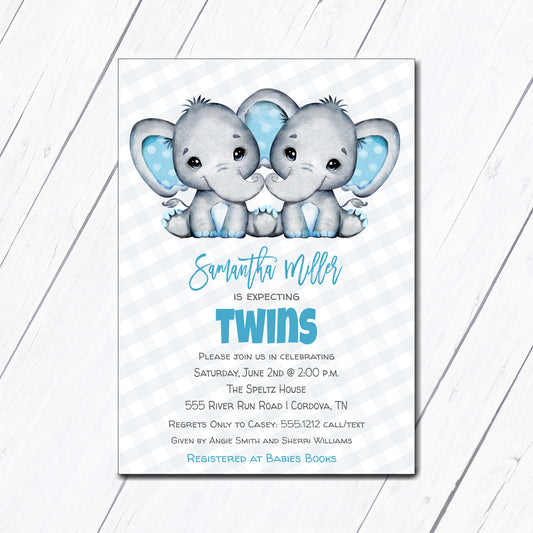 Twin Elephant Baby Shower Invitation