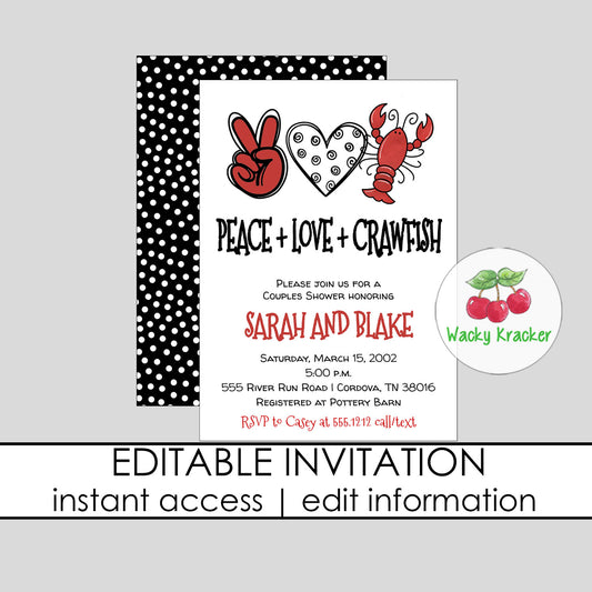 Peace Love Crawfish Bridal Shower Invitation