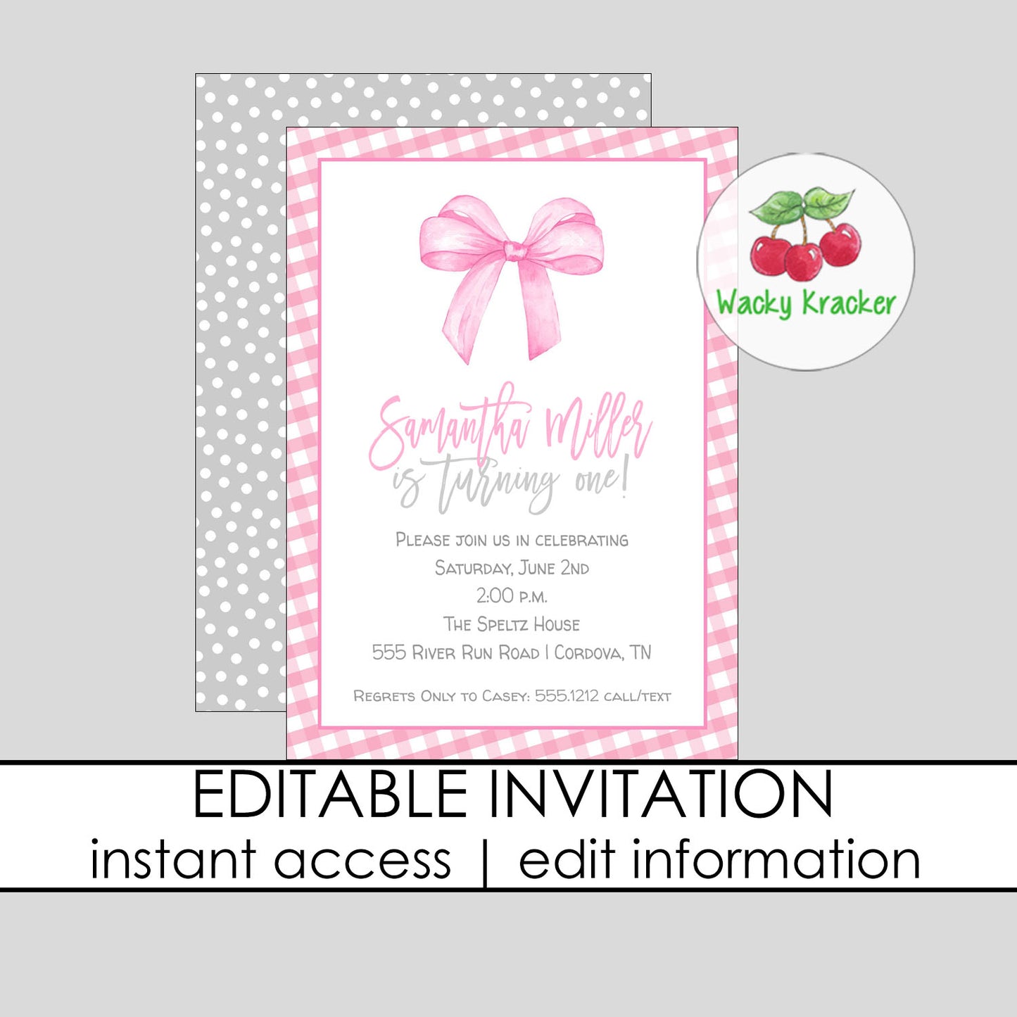 Preppy Pink Bow Birthday Invitation